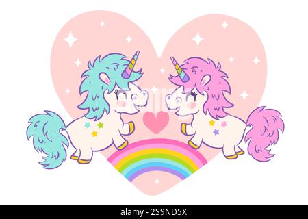 Vector greeting card  with cute unicorns in kawaii style. Vector card cute unicorns for Valentine's day. Stock Vector