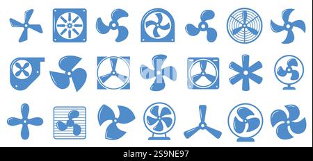 Cooling fan icons. Electric engine rotor propeller symbols, industrial car transport equipment ventilation system elements. Vector isolated set Stock Vector