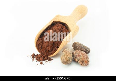 Cocoa beans and powder in scoop isolated on white background ( Theobroma cacao ) Stock Photo