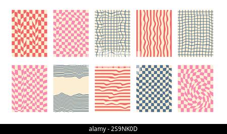 Groovy checkerboard pattern set. Psychedelic checker background pack. Trippy y2k retro vertical textures. Funky abstract poster design templates. Vect Stock Vector