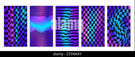 Checkerboard neon background set. Psychedelic checker gradient posters templates. Surreal chessboard with distorted grid and stripes. Y2k vertical tex Stock Vector