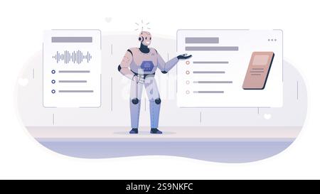 Vector illustration of a robot making a presentation by showing something on the screen. A meeting at which a robot conducts training. Conveys the ide Stock Vector