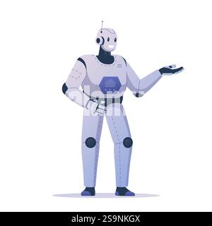 Vector illustration of a modern robot that smiles and demonstrates something with its hand. High-tech robot capable of performing various tasks. Techn Stock Vector