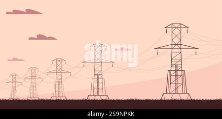 Electric power line. High voltage electricity transmission network with metal pylons and cables, industrial landscape with power supply grid. Vector Stock Vector