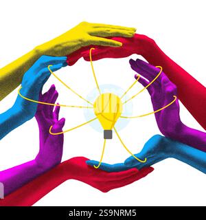 Modern artwork. Colorful hands form circle, cradling bright lightbulb, symbolizing shared ideas and collaborative innovation in unified effort. Stock Photo