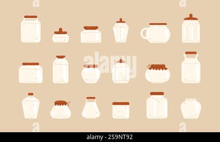 Cartoon glass jars. Kitchen food packaging, Eco friendly transparent food storage containers, blank glassware cosmetics packaging, zero waste Stock Vector