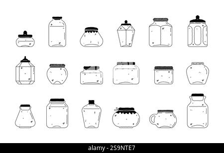 Line doodle jars. Cute empty glass food containers with lids for homemade preserves jam pickled vegetables sweet food. Vector outline jar set Stock Vector