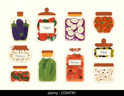Pickled vegetables. Canned preserves organic food in glass jars, homemade preserved food of cucumbers tomatoes mushrooms spices, vegetarian cuisine Stock Vector