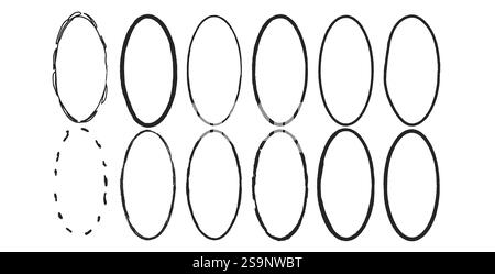 Grunge set of ellipse frames. Oval shapes modern black. Vector hand drawn border collection illustration isolated on white background. Stock Vector