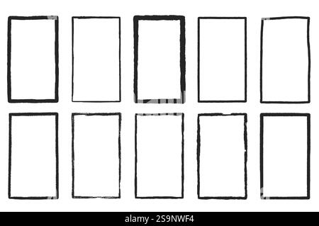 Grunge rectangle frames set. Square shapes modern black. Vector hand drawn collection illustration isolated on white background. Stock Vector