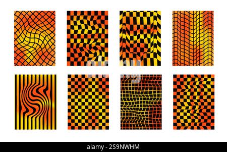 Checkerboard neon background set. Psychedelic checker gradient posters templates. Surreal chessboard with distorted grid and stripes. Y2k brutal textu Stock Vector