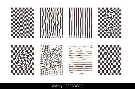 Groovy checkerboard pattern set. Psychedelic checker background pack. Distorted y2k retro chess textures. Funky abstract poster design templates. Vect Stock Vector