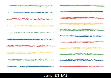 Colorful lines crayon set. Chalk horizontal brush stroke doodle isolated on white background. Underline pencil elements. Scribble thin long textured g Stock Vector