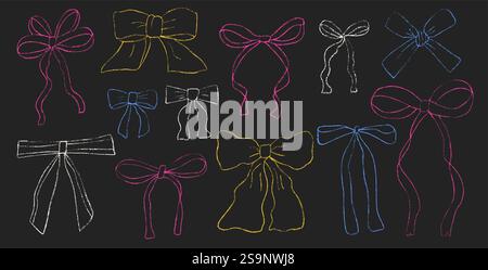 Crayon bow, ribbon set. Chalk drawing bands. Line stroke coquette aesthetic bowknots. Vector illustration isolated on dark background. Stock Vector