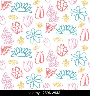 Flowers crayon drawn seamless pattern. Colorful floral allover background. Line art stroke botany repeat cover. Surface pattern design spring motif. V Stock Vector