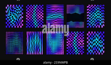 Checkerboard neon background set. Psychedelic holo checker gradient posters templates. Surreal chessboard with distorted grid and stripes. Y2k vertica Stock Vector