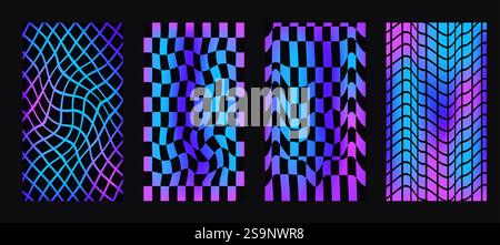 Checkerboard neon background set. Psychedelic gradient checker posters templates. Surreal chessboard with distorted grid. Y2k vertical textures. Vecto Stock Vector
