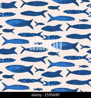 Fish seamless pattern. Sardines blue textured allover background. Coastal repeat cover. School of salmon continuous ornament. Surface pattern design s Stock Vector