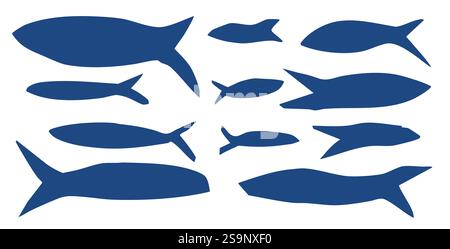 Fish silhouette set. Sardines school collection. Salmon silhouettes. Undersea animals. Vector hand drawn cutout collage elements illustration isolated Stock Vector