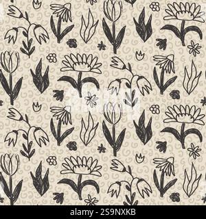 Flowers seamless pattern. Black floral stencil allover background. Marker drawn repeat cover. Surface pattern spring motif on beige bg. Vector hand dr Stock Vector
