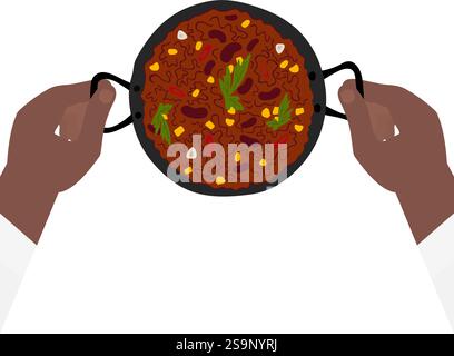 Male hands holding Grill pan with Fried egg with yolk and spices and 2 sausages Egg Day design idea. Isolated on white Vector illustration Cards, posters, flyer, leaflet, banner, label or web, promo  Stock Vector