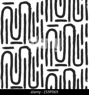 Abstract paint lines seamless pattern. Grunge stroke endless background. Ethnic black brush ink repeat cover. Tribal continuous ornament. Pattern mono Stock Vector