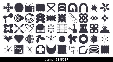 Geometric shapes set. Brutalist figures pack. Retro y2k forms. Simple graphic distortion stickers. Vector flat refraction elements collection illustra Stock Vector