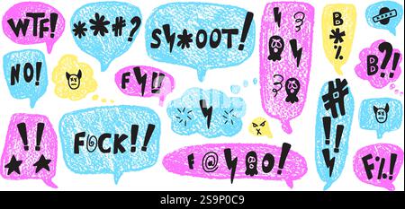 Speech bubbles with swear symbols words. Curse crayon doodle text. Bad bulling expression on chat dialog boxes. Aggressive swearwords isolated on whit Stock Vector