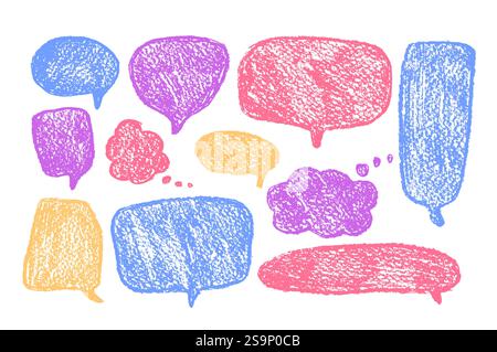 Speech bubbles set. Crayon doodle text borders. Chat dialog boxes. Comic talk clouds by chalk or pencil isolated on white background. Childish style q Stock Vector