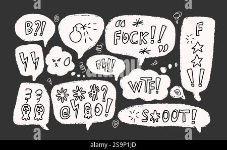 Curse crayon doodle text. Swear words on chalk speech bubbles. Bad expression on chat dialog boxes. Aggressive swearwords isolated on black background Stock Vector