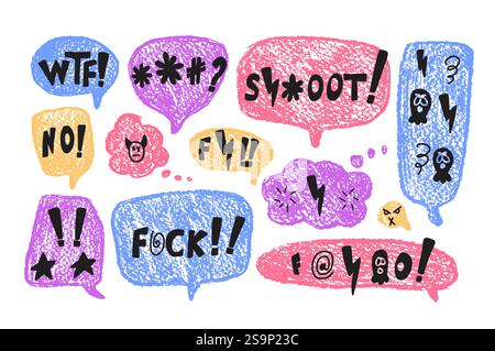 Speech bubbles with swear symbols words. Curse crayon doodle text. Bad bulling expression on chat dialog boxes. Aggressive swearwords isolated on whit Stock Vector