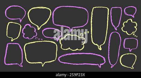 Speech bubbles doodle set. Crayon doodle text borders. Chat dialog boxes. Comic talk text boxes by chalk or pencil isolated on dark background. Childi Stock Vector