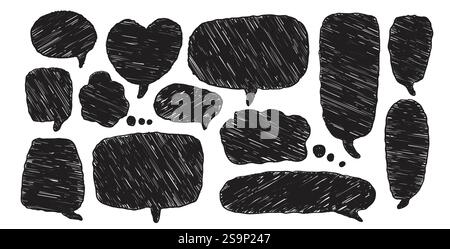 Speech bubbles set. Crayon doodle bubles. Chat dialog boxes. Comic talk clouds by chalk or pencil isolated on white background. Childish style quotati Stock Vector