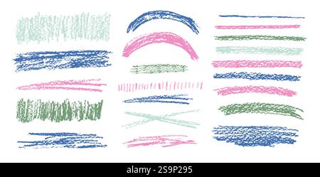 Crayon underline set. Pencil scribble lines pack. Vector hand drawn brush stroke collection illustration isolated on white background. Kids highlights Stock Vector