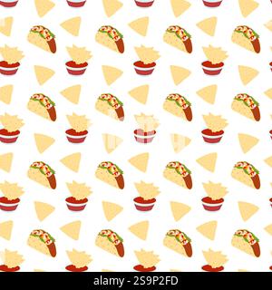 Mexican Taco meat filling and Nachos chips with salsa sauce in saucer Seamless Pattern. Mexican food. Isolated Vector illustration Wallpaper, wrapping, packing or web promo banner, leaflet, menu card  Stock Vector