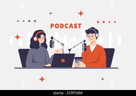 Vector illustration of podcast hosts in studio discussing topics with microphones, headphones and laptop. Girl and man communicating with audience Stock Vector