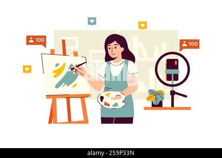 Vector illustration of an artist blogger painting a picture and shooting a video for social networks on her device. A woman with a palette in her hand Stock Vector