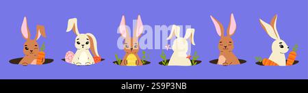 Bunny in hole. Cute cartoon rabbit with big ears hiding in ground, funny spring wildlife rabbits characters peeking out from burrow. Vector Easter Stock Vector