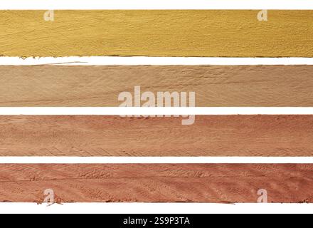 close-up of multiple wooden planks isolated white background with different colors, reddish brown to light yellow Stock Photo
