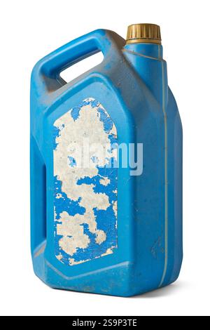 close-up of old used blue plastic oil can, motor or engine oil chemical gallon, empty waste container or canister isolated white background Stock Photo