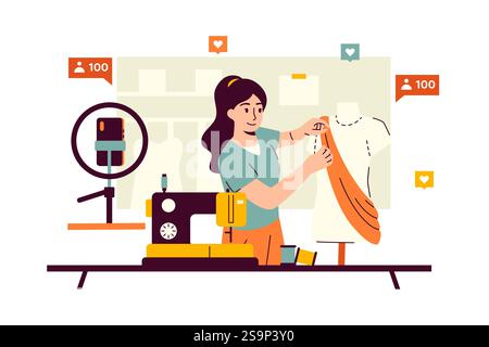 illustration of a tailor blogger showing the process of creating fashionable clothes on camera. Girl sewing clothes and trying them on a mannequin Stock Vector