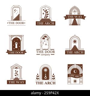 Arch door logo. Linear frame luxury gate entrance icons, vintage arc doors classic line symbols with boho mystic spiritual esoteric symbols. Vector Stock Vector