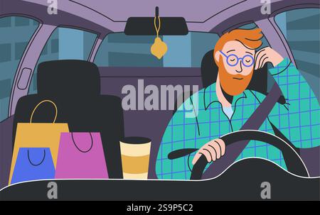 Sleeping driver. Cartoon tired and sleepy man sitting behind the car wheel, drowsy driver dozing off, sleeping driver inside car scene. Vector Stock Vector