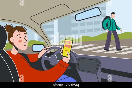 Distracted driver. Car interior with woman driving car and using smartphone, dangerous mobile phone addiction concept, car interior scene. Vector Stock Vector