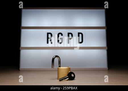 Open padlock with RGDP text on lightbox background Stock Photo