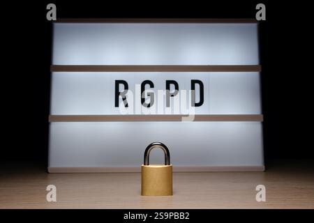 Closed padlock with RGDP text on lightbox background Stock Photo