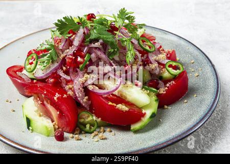 Georgian vegetable salad, cucumbers with tomatoes, greens, walnuts, pomegranate seeds, on a light background, close-up, homemade, no people Stock Photo