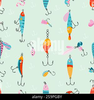 Fish lure seamless pattern. Doodle fishing lures and hooks, different bites. Fish catching hobby tools, print for fabric or wallpaper, nowaday vector Stock Vector