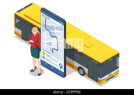 An isometric design showcasing a woman planning her bus journey via a mobile application alongside a large bus, symbolizing tech-integrated tourism Stock Vector