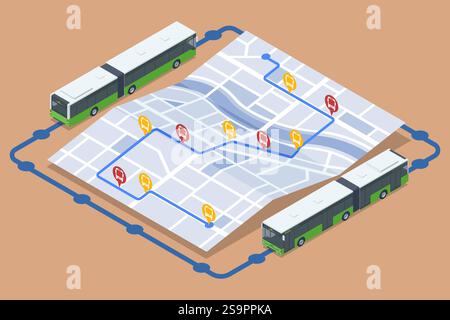 An isometric view of interconnected bus routes over a city map, visually representing a streamlined transportation network for efficient planning Stock Vector